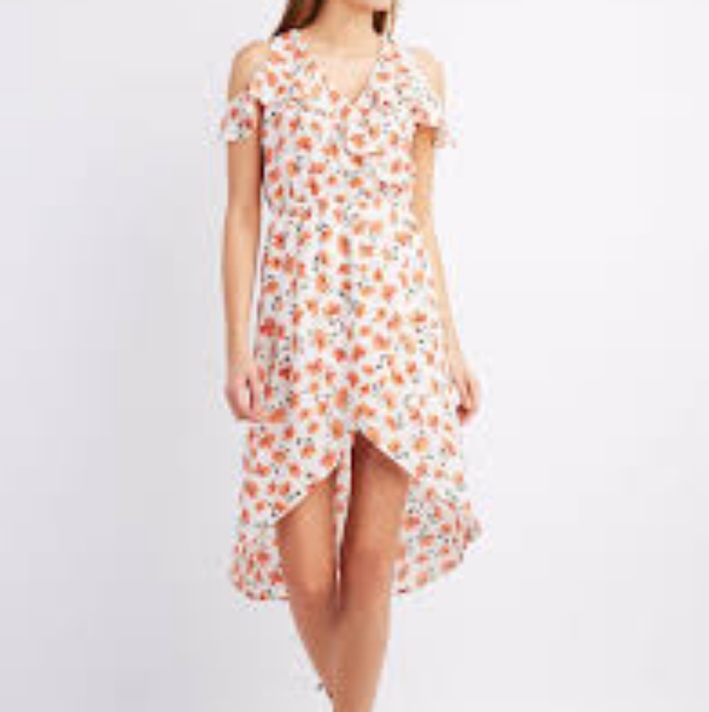 Charlotte Russe Faux Wrap Coral Floral Cold Shoulder V-Neck Slit Dress Sz Small